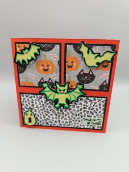 Halloween Grußkarte Kürbisse, Katzen und Leuchtsticker